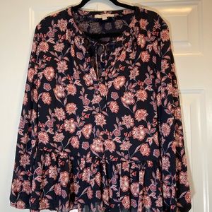 Loft Floral Tie Neck Top Navy Blue Womens Size Large L